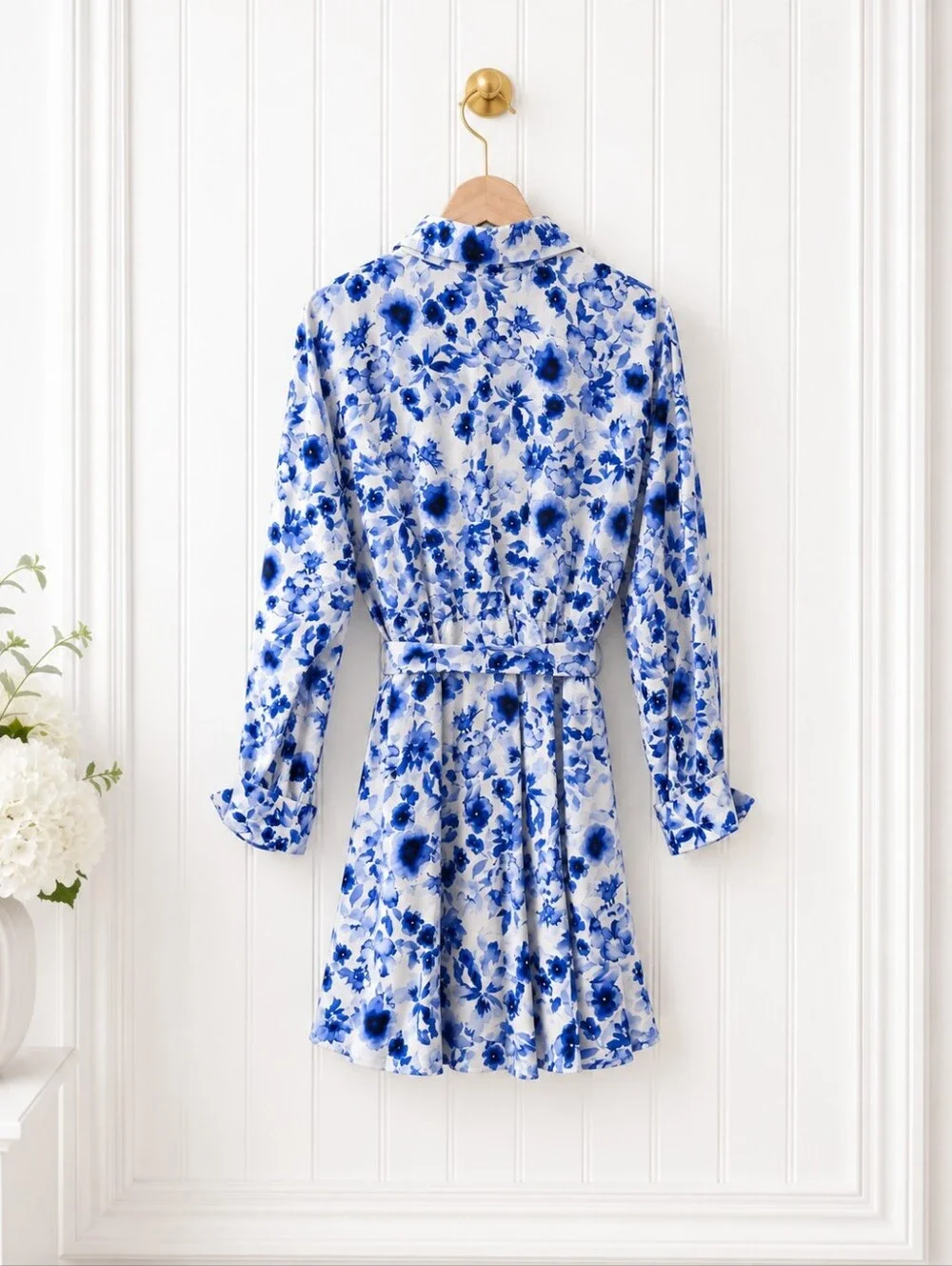 H&M | Blue White Floral Button Front Shirt Dress | Size L | Belted Long Sleeve - Picture 7 of 9